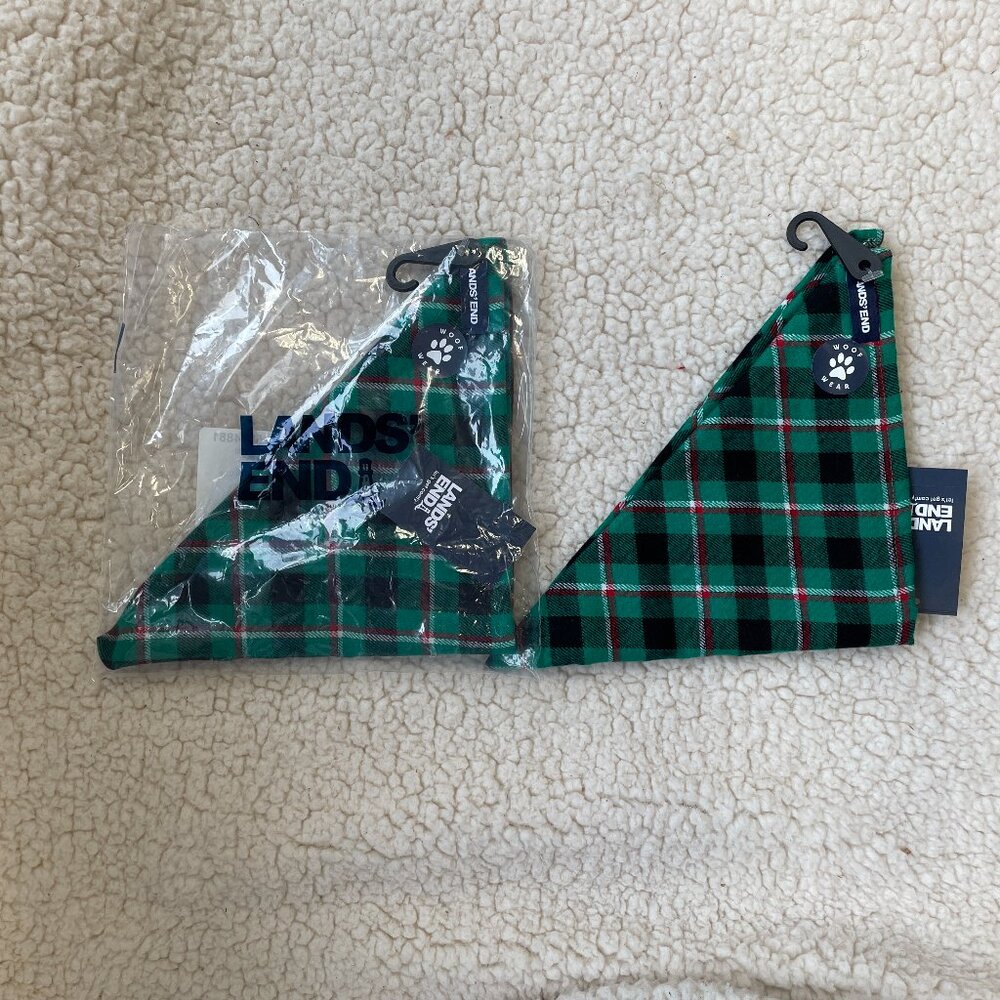 Lands' End Flannel Dog Bandana, Emerald Gulf Field Check, Set of 2, NWT